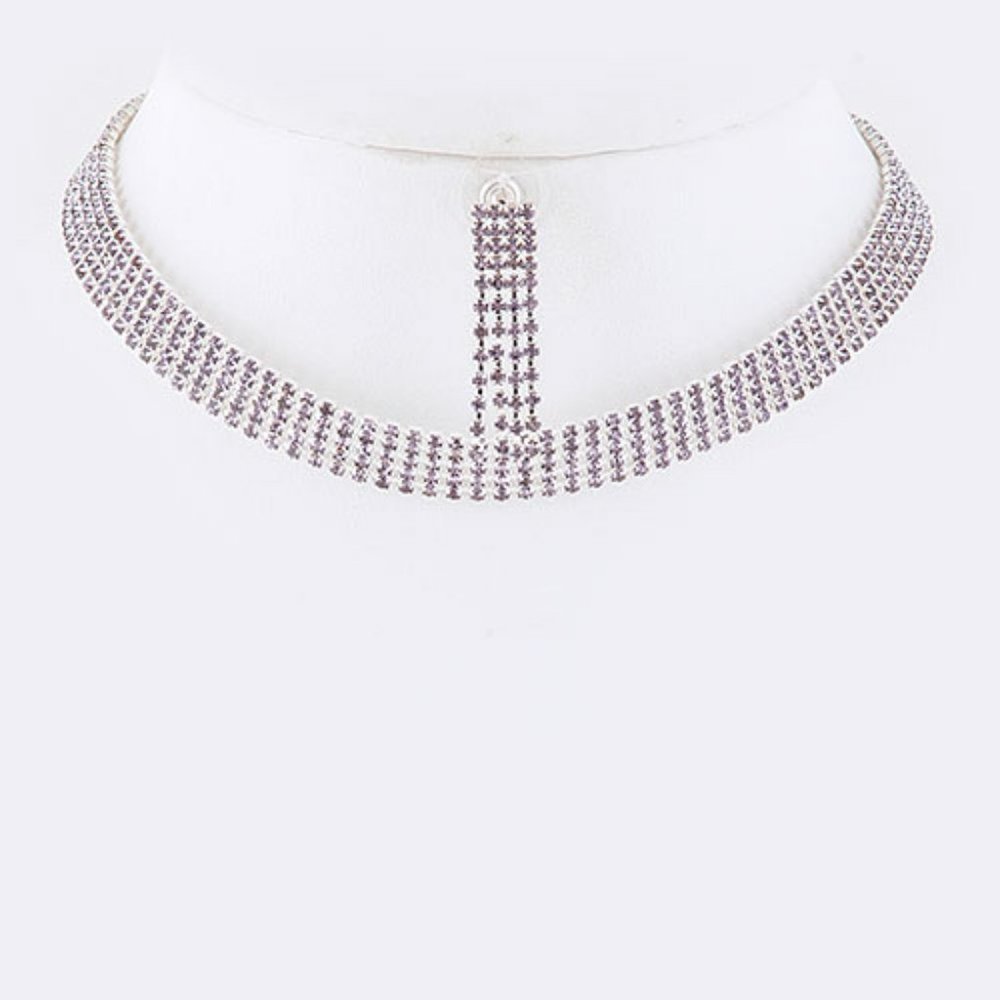 5 Row Color Crystal Rhinestone Choker Set - Purple